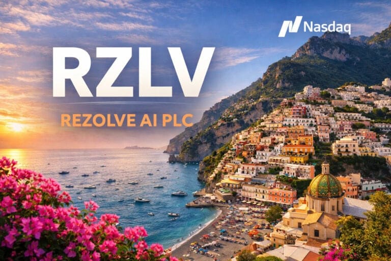 RZLV Rezolve AI Limited logo with scenic coastal view and cityscape background.