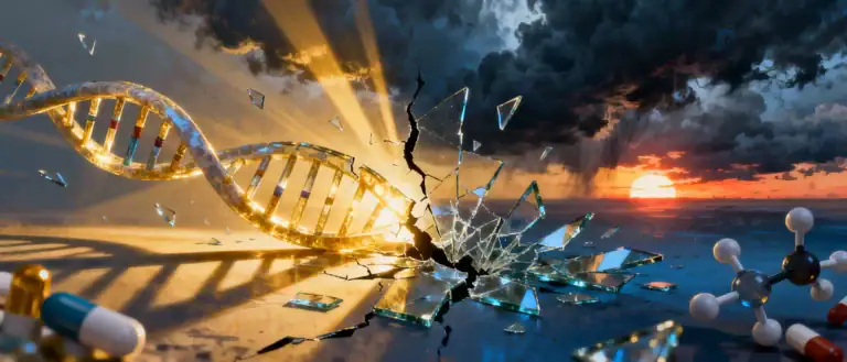 Codice DNA rotto, immagine di scienziato, rappresentazione di genetica e biotecnologia, sfondo astratto con luce solare e nuvole stormy.