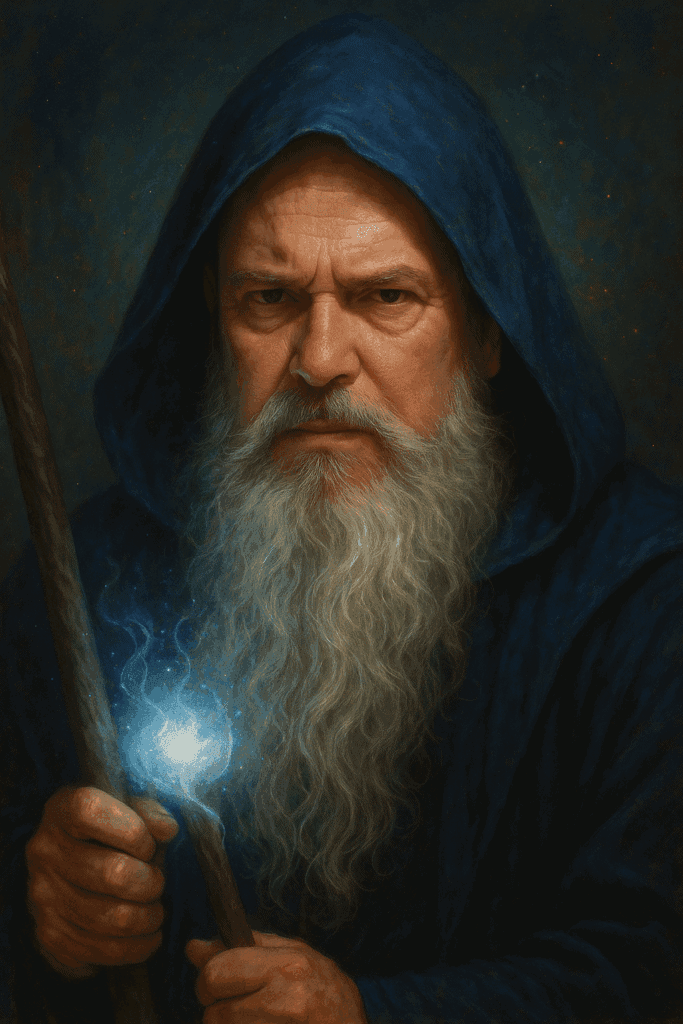 AI generated portrait of elderly bearded man wearing blue hooded robe holding glowing mystical orb