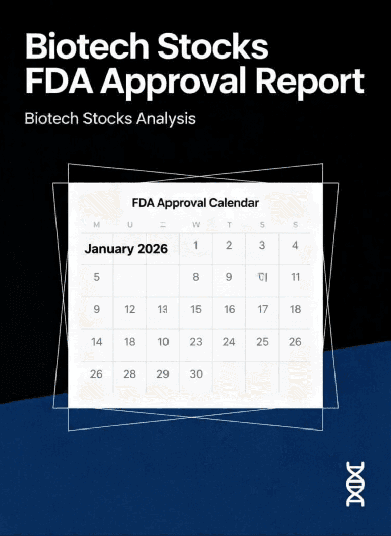 Biotech Stocks FDA Approval Report showing FDA Approval Calendar for January 2026 with biotech stock analysis and DNA helix icon