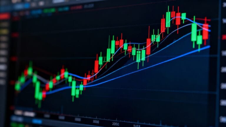 Stock price candlestick chart showing green and red price candles with blue moving average trend lines indicating technical analysis