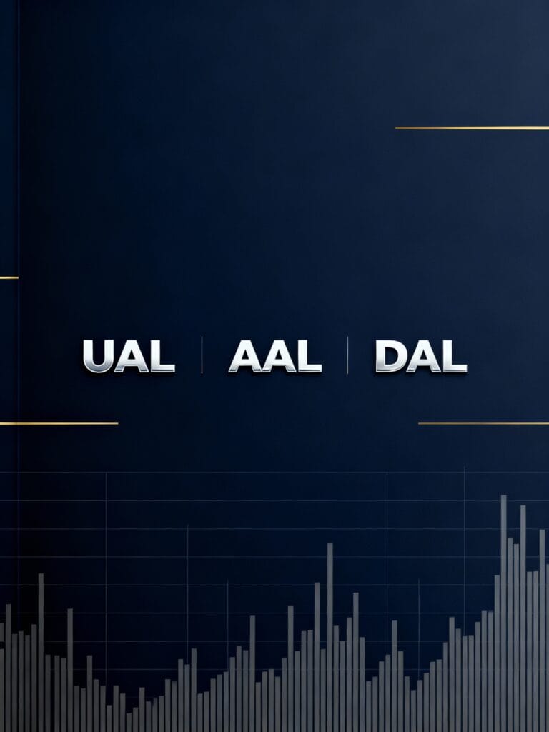 Airlines industry report showing United Airlines (UAL), American Airlines (AAL), and Delta Air Lines (DAL) stock price charts with trading volume analysis